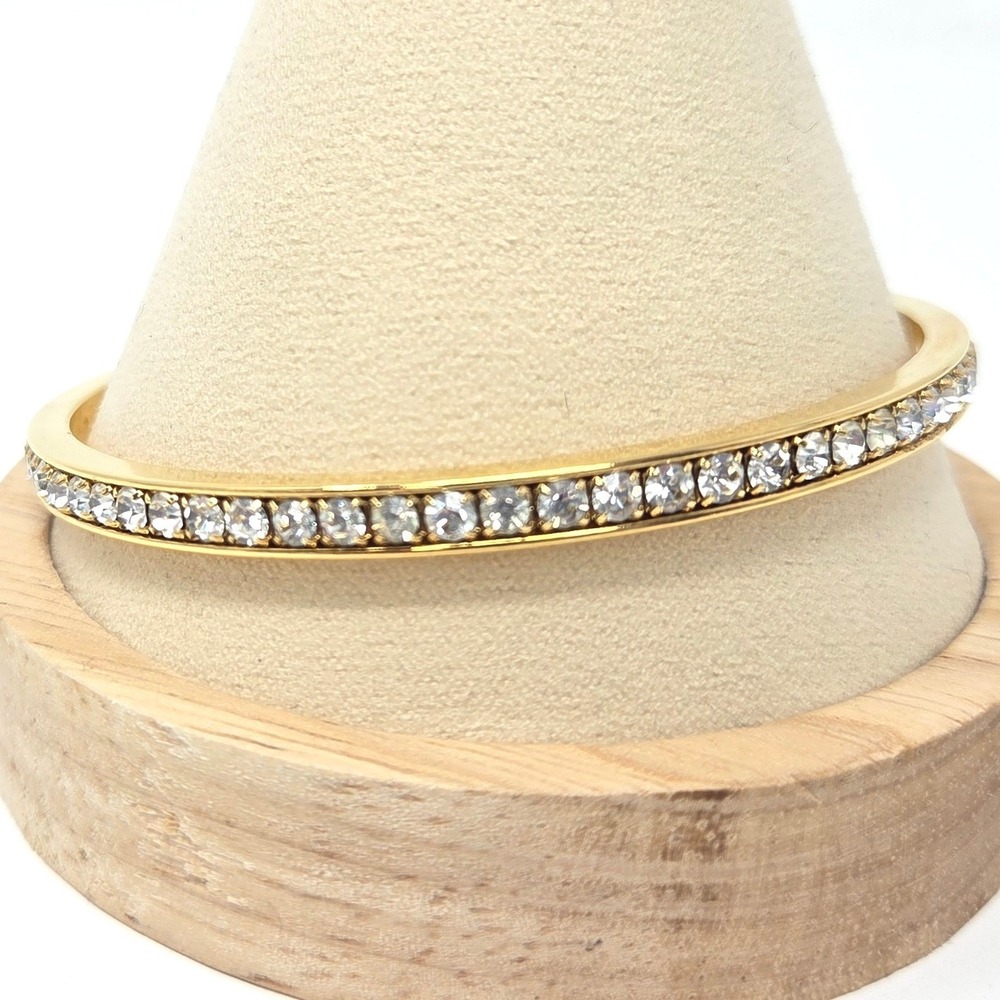 Gold Tone Bangle Bracelet with Clear Rhinestones‎ Classic Elegant Jewelry